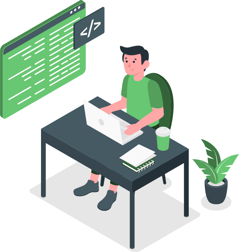 Illustration of a developer coding at a desk with a laptop, coffee, and a plant